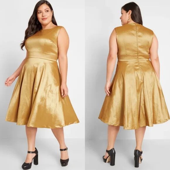 Modcloth Womens Fantastic Satin Fit n' Flare Dress Plus Size 26 Gold Knee Length - Picture 1 of 11
